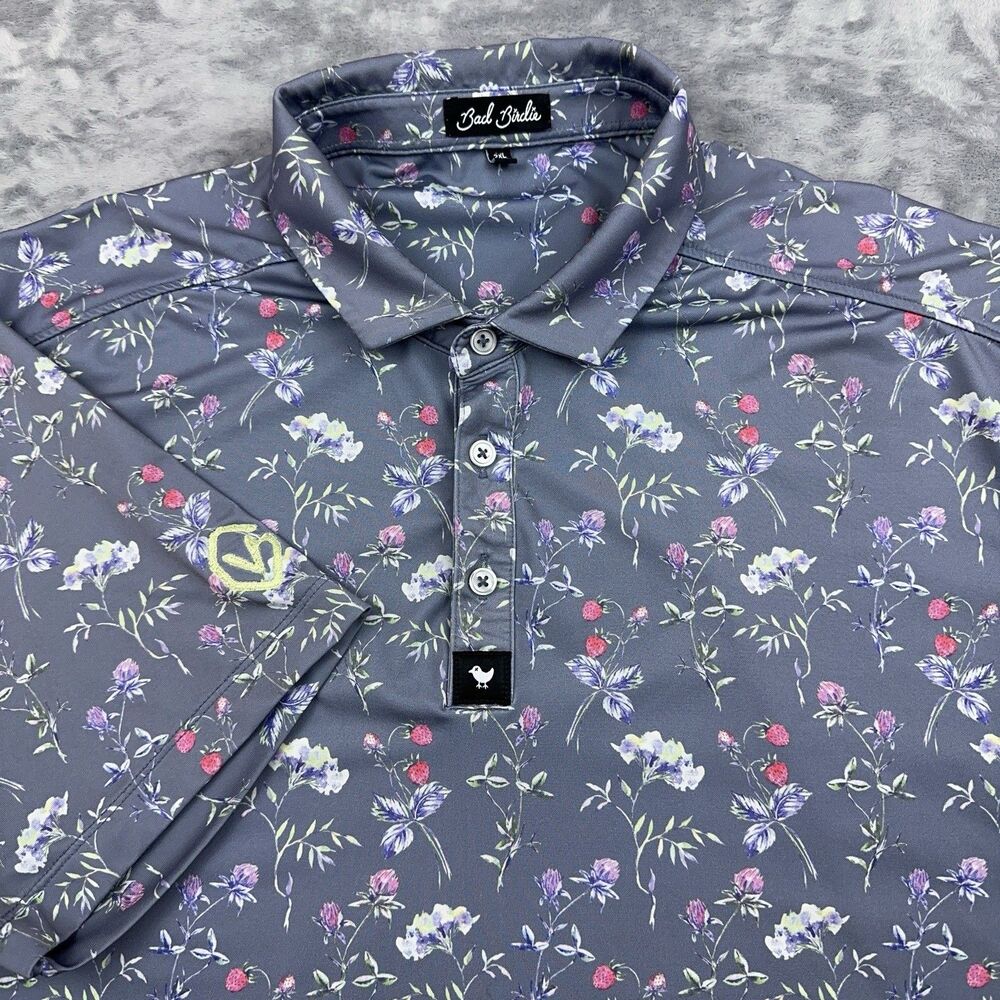 Bad Birdie Shirt Mens Sz XXL Gray Purple Floral Performance Stretch Golf Polo